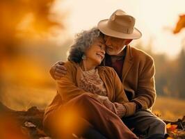 Loving old couple is enjoying a romantic autumn day AI Generative photo