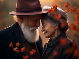 Loving old couple is enjoying a romantic autumn day AI Generative photo