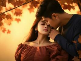 Loving asian couple is enjoying a romantic autumn day AI Generative photo