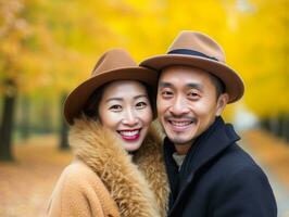 Loving asian couple is enjoying a romantic autumn day AI Generative photo