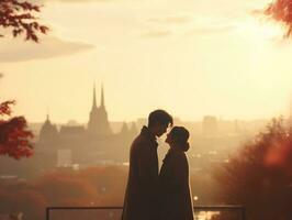 amoroso asiático Pareja es disfrutando un romántico otoño día ai generativo foto