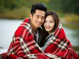 amoroso asiático Pareja es disfrutando un romántico otoño día ai generativo foto