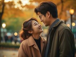 Loving asian couple is enjoying a romantic autumn day AI Generative photo