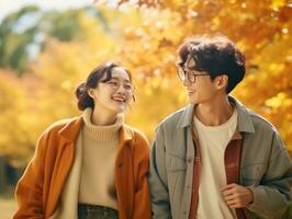 Loving asian couple is enjoying a romantic autumn day AI Generative photo