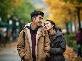 Loving asian couple is enjoying a romantic autumn day AI Generative photo