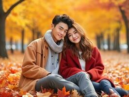 Loving asian couple is enjoying a romantic autumn day AI Generative photo