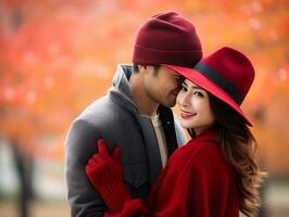 Loving asian couple is enjoying a romantic autumn day AI Generative photo