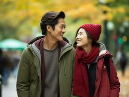 Loving asian couple is enjoying a romantic autumn day AI Generative photo