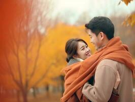 Loving asian couple is enjoying a romantic autumn day AI Generative photo