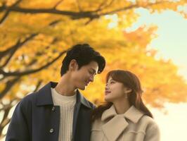 Loving asian couple is enjoying a romantic autumn day AI Generative photo