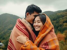 Loving asian couple is enjoying a romantic autumn day AI Generative photo