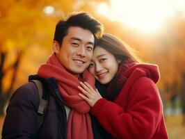 Loving asian couple is enjoying a romantic autumn day AI Generative photo