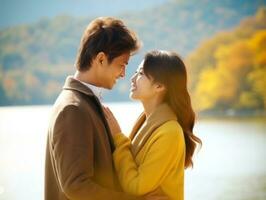 Loving asian couple is enjoying a romantic autumn day AI Generative photo