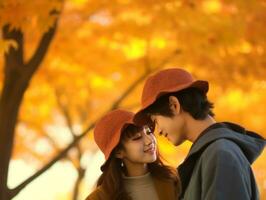 Loving asian couple is enjoying a romantic autumn day AI Generative photo