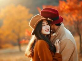 Loving asian couple is enjoying a romantic autumn day AI Generative photo