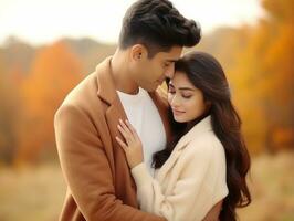 Loving asian couple is enjoying a romantic autumn day AI Generative photo