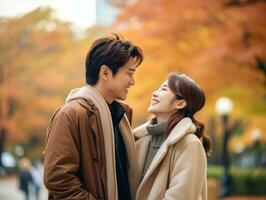 Loving asian couple is enjoying a romantic autumn day AI Generative photo