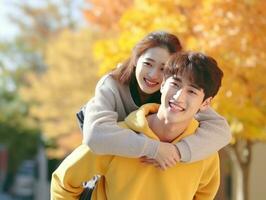 Loving asian couple is enjoying a romantic autumn day AI Generative photo