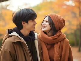 Loving asian couple is enjoying a romantic autumn day AI Generative photo