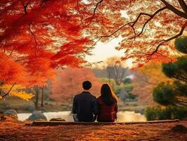 Loving asian couple is enjoying a romantic autumn day AI Generative photo