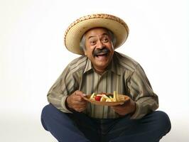 Mexican man in emotional pose on white background AI Generative photo