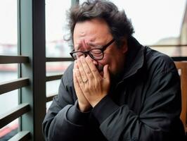 Mexican man in emotional pose on white background AI Generative photo