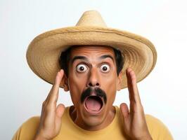 mexicano hombre en emocional actitud en blanco antecedentes ai generativo foto