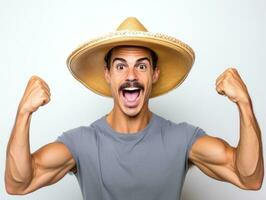 Mexican man in emotional pose on white background AI Generative photo