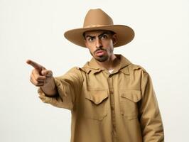 Mexican man in emotional pose on white background AI Generative photo