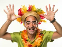 Mexican man in emotional pose on white background AI Generative photo