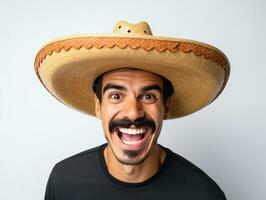 Mexican man in emotional pose on white background AI Generative photo