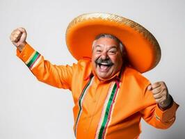 Mexican man in emotional pose on white background AI Generative photo