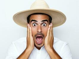 Mexican man in emotional pose on white background AI Generative photo