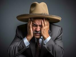 Mexican man in emotional pose on white background AI Generative photo