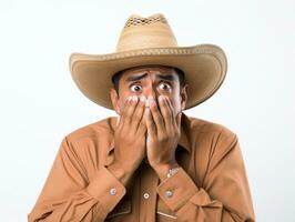 mexicano hombre en emocional actitud en blanco antecedentes ai generativo foto