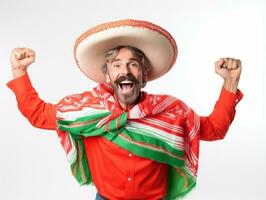 Mexican man in emotional pose on white background AI Generative photo