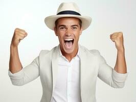Mexican man in emotional pose on white background AI Generative photo