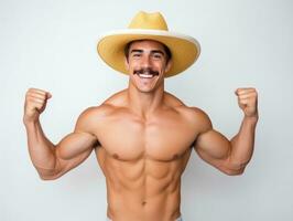 mexicano hombre en emocional actitud en blanco antecedentes ai generativo foto