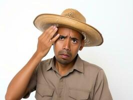 Mexican man in emotional pose on white background AI Generative photo