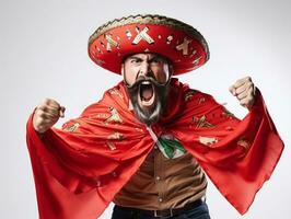 mexicano hombre en emocional actitud en blanco antecedentes ai generativo foto