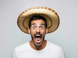 Mexican man in emotional pose on white background AI Generative photo