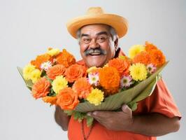 Mexican man in emotional pose on white background AI Generative photo