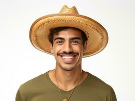 Mexican man in emotional pose on white background AI Generative photo