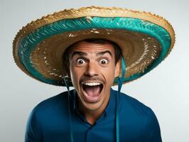 mexicano hombre en emocional actitud en blanco antecedentes ai generativo foto