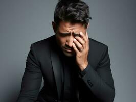 Mexican man in emotional pose on white background AI Generative photo