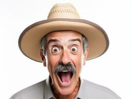 Mexican man in emotional pose on white background AI Generative photo