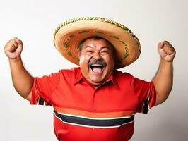 Mexican man in emotional pose on white background AI Generative photo