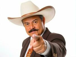 mexicano hombre en emocional actitud en blanco antecedentes ai generativo foto