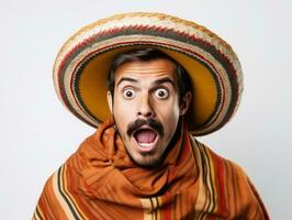 mexicano hombre en emocional actitud en blanco antecedentes ai generativo foto