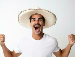 mexicano hombre en emocional actitud en blanco antecedentes ai generativo foto